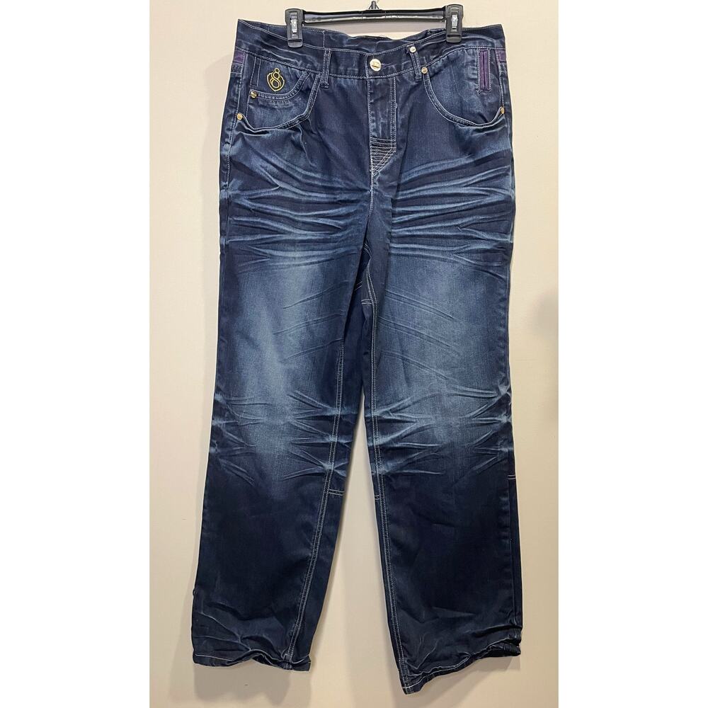 Eight 732 Denim Men's Size 38/34 Embroidered Distressed Dark Wash